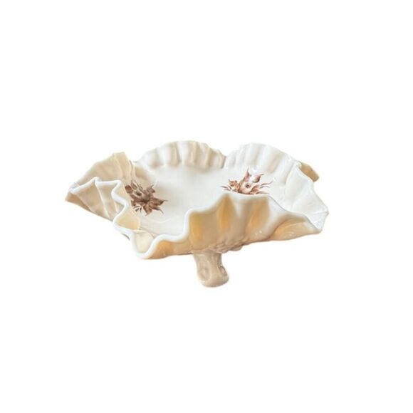 Vintage Fenton Beige & Brown Flowers Footed and Ruffled 8" - Picture 3 of 5